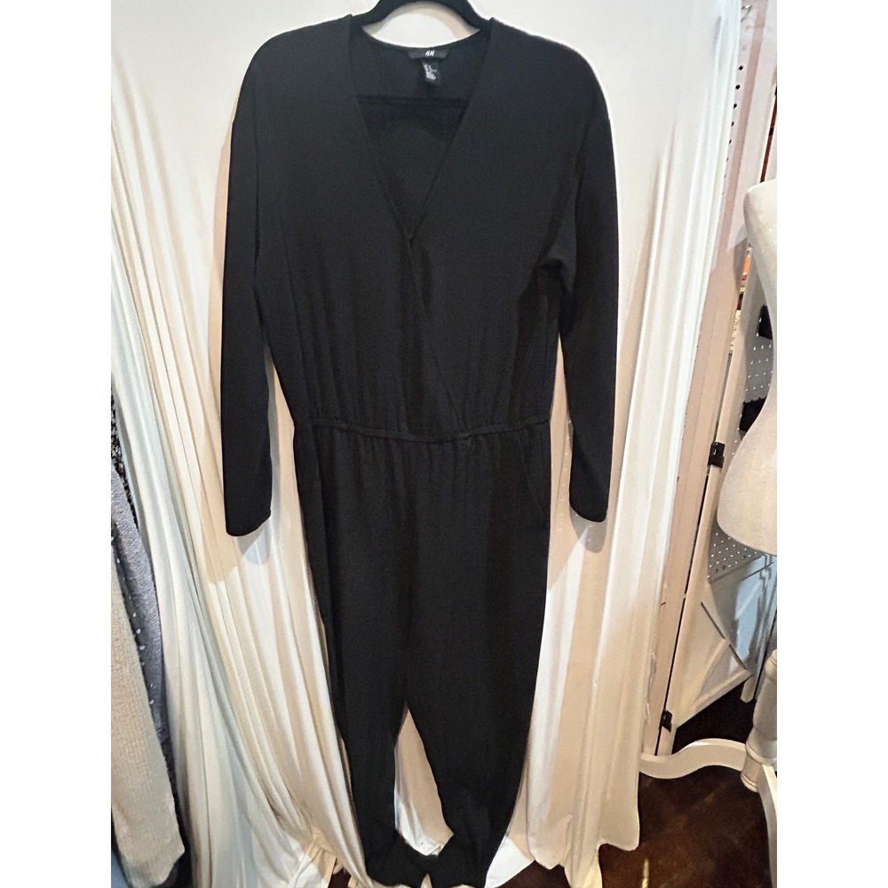H&M Black Jumpsuit Size 10 Long Sleeve V Neck Casual Workwear Elegant